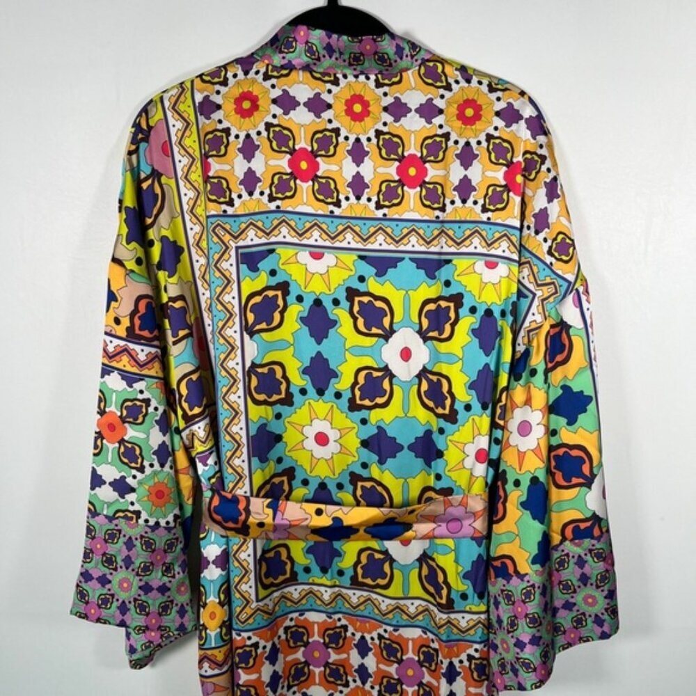 NWT ZARA KIMONO Multicolor Satin Tied Self Belt Slits Oversized 7753/032 Size‎ S - Picture 4 of 13